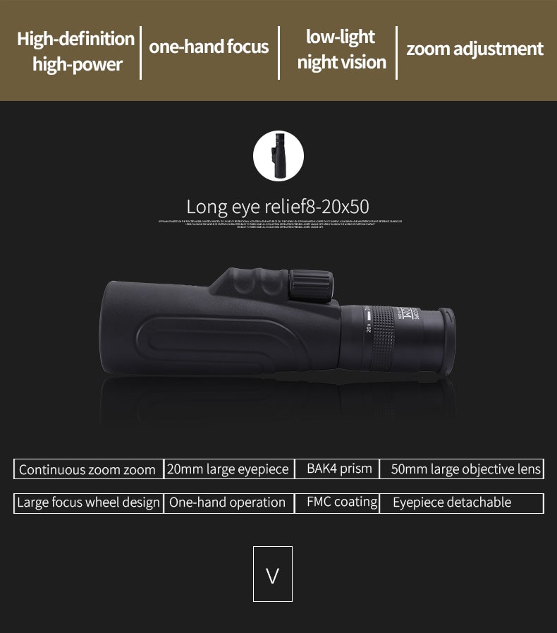 Compact Μονόκυαλο Super Zoom 8-20x50 με Ρύθμιση Μυωπίας, Κοντινή Εστίαση / Near Focus, Night Vision, BAK4 FMC Πρίσματα, Τηλεσκόπιο profitstore